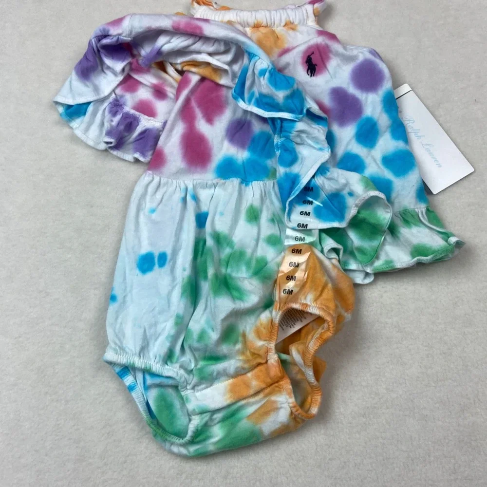 Ralph Lauren Baby Girls Tie‎ Dye Halter Romper 6M Rainbow Ruffle Bodysuit